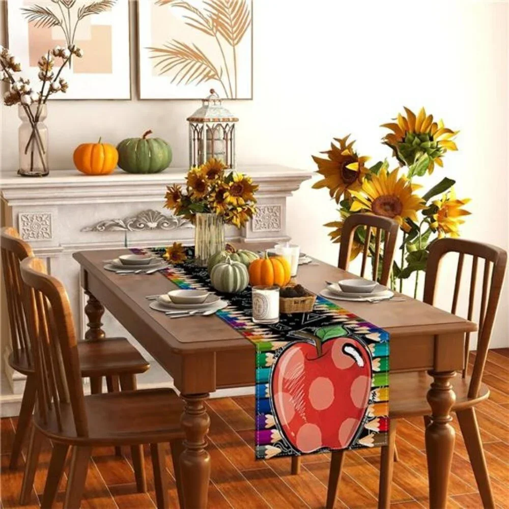 Back to School Table Runner 13x72 Apple Pencil Classroom First Day Party Table D
